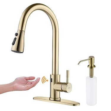 Keer Touchless Faucet with Pull Down Sprayer Motion Sensor Soap Dispenser Single High Arc Pull Out Faucet for Kitchen Sink RV Gold