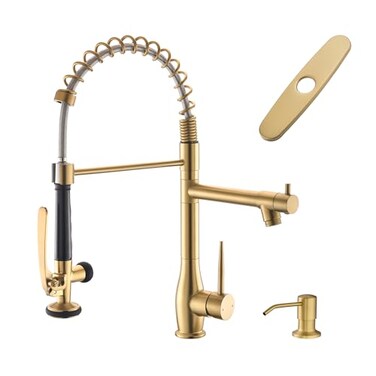 GIMILI Commercial Kitchen Faucet with Pull Down Sprayer Double Headed Single Handle High Pressure Kitchen Faucet with Soap Dispenser Brushed Gold
