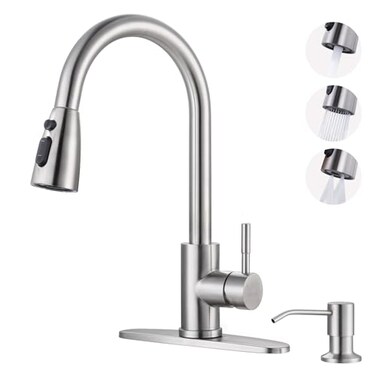 WOWOW Kitchen Faucet with Soap Dispenser 304 Stainless Steel Kitchen Sink Faucet with Pull Down Sprayer 3 Modes Single Handle High Arc Mixer Taps for Sink RV Laundry Bar Brushed Nickel