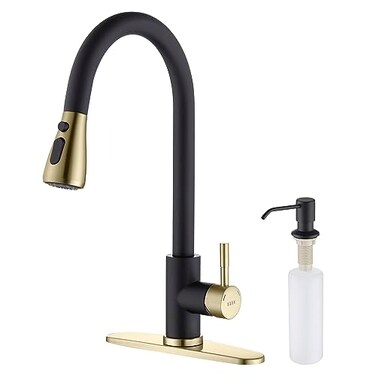 Keer Matte Black Single Handle Pull Down Kitchen Faucet with Soap Dispenser 3 Modes Sprayer Easy Assembly Single Handle High Arc Stainless Steel Faucet