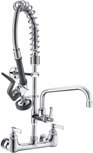 BESTJEEF Commercial Wall Mount Kitchen Sink Faucet Brass Constructed Polished Chrome PreRinse Device 25 Height 8 Center with Spring Pull Down Sprayer and 12 Addon Spout 25 inches