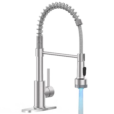 OWOFAN LED Light Kitchen Faucet with Pull Down Sprayer Sus304 Stainless Steel Industrial Single Handle Faucet for Farmhouse Camper Laundry Utility Rv Wet Bar Sinks Brushed Nickel 9003SN