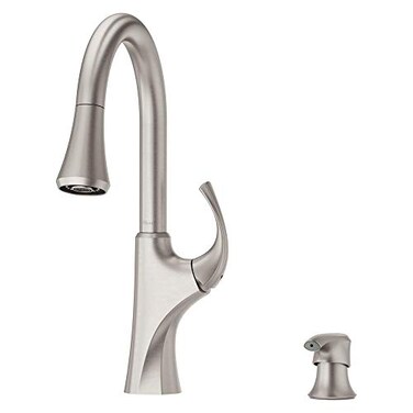 Pfister Miri Kitchen Faucet with Pull Down Sprayer and Soap Dispenser Single Handle High Arc Spot Defense Stainless Steel Finish F5297MRGS