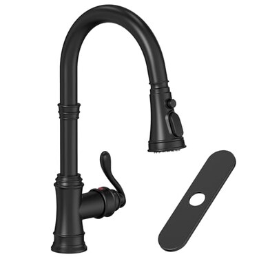 Homevacious Matte Black Kitchen Faucet with Pull Down Sprayer 3 Functions Vintage Single Handle Antique Brass Pull Out Sink Faucet 1 or 3 Hole with Deck Plate Supply Lines for Farmhouse Camper Rv Bar