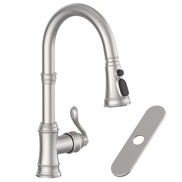 Homevacious Kitchen Faucet with Pull Down Sprayer Brushed Nickel 3 Spray Modes Vintage Single Handle Antique Brass Sink Faucet 1 or 3 Hole with Deck Plate Supply Lines for Farmhouse Camper Rv Bar by