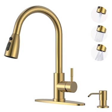 WOWOW Brushed Gold Kitchen Faucet with Soap Dispenser Stainless Steel Kitchen Faucet for Sink Single Handle Luxurious Gold Kitchen Sink Faucet with Sprayer
