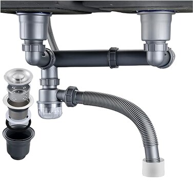 QruiLanTu Double Sink Drain Kit Space Saving Kitchen Sink Drain Kit Expandable Flexible 1 12 PTrap Pipe 312 Inch Sink Drain Assembly Kit with 4Way Fitting Adapter for Dishwasher