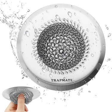 TRAPMATE Kitchen Sink Drain Strainer Reversible Chain Mesh Sink Strainer 304 Stainless Steel AntiClogging Easy Clean Sink Strainer Basket Fits US Standard Kitchen Sink Drains Dishwasher Safe