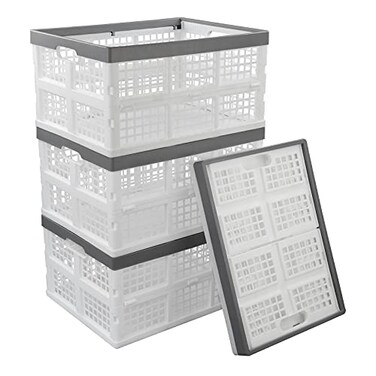 Uumitty 4 Packs 30 L Plastic Collapsible Storage Basket Folding Stackable Storage ContainersBins White