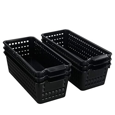 Bblina Slim Storage Baskets Small Plastic Organizing Bins Set of 6 Black