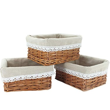 KINGWILLOW Wicker Storage Basket with Liner 3pcs Small Willow Rectangular Handmade Basket for Sundries neatening 3pcs