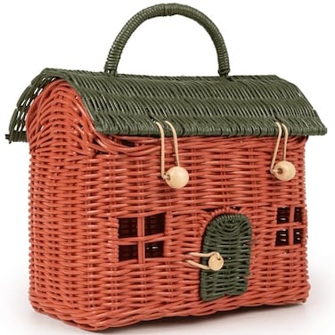 KOLWOVEN Rattan Storage Basket with Lid Mouse in a Box Small Doll House Decorative Hand Woven Shelf Organizer Cute Handmade Handcrafted Gift Decoration Artwork Wicker Moss Green