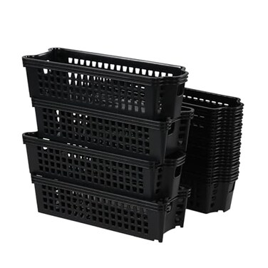 Morcte 12 Pack Narrow Plastic Storage Basket Stacking Slim Plastic Baskets Black