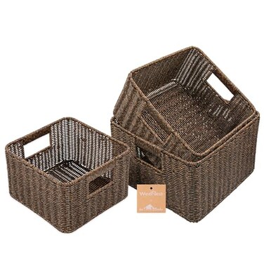 myHomeBody Wicker Storage Basket Storage Cubes Woven Baskets for Organizing Resin Wicker Set of 3 Rustic Brown