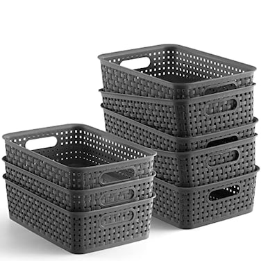 NETANY Plastic Storage Baskets 8 Pack Gray Durable Easy to Use Flexible MultiPurpose Ideal for Closets Cabinets Shelves Countertops