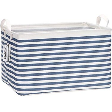 Sea Team 2Pack Collapsible Canvas Fabric Storage Basket with Handles Rectangle Waterproof Storage Bin Box Cube Foldable Shelf Basket Closet Organizer 165 x 118 x 98 Inches Navy Stripe