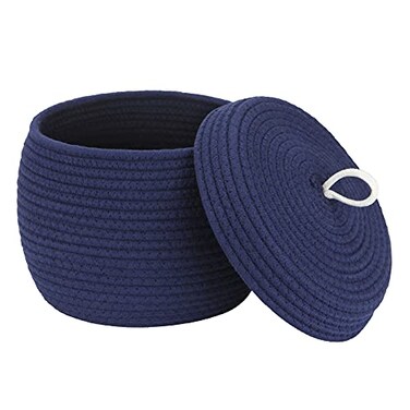 Sea Team Round Cotton Rope Storage Basket with Lid Decorative Woven Storage Bin Pot Caddy Organizer Container for Snacks Towels Plants 10 x 75 Inches Small Dark Blue