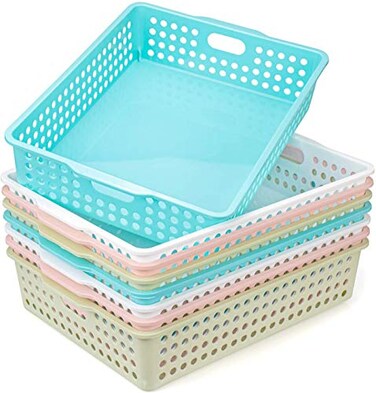Lawei 8 Pack Plastic Storage Baskets Colorful Paper Organizer Baskets Plastic Shelf Bins with Handles Classroom Office File Holder for Home Office School