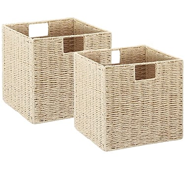 Vagusicc Wicker Storage Basket Set of 2 HandWoven Paper Rope Wicker Baskets Foldable Cube Storage Bins Beige Storage Basket Square Baskets for Organizing Shelves Decor Beige131313