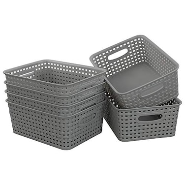 Morcte 6Pack Gray Plastic Storage Basket Plastic Woven Bin