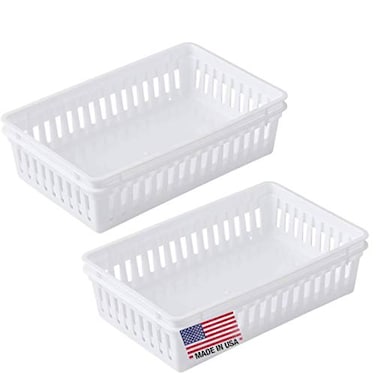 Tribello Plastic Bin Baskets for Organizing White Storage Tray Rectangle 9 x 6 x 2 Pack of 4 Made in USA