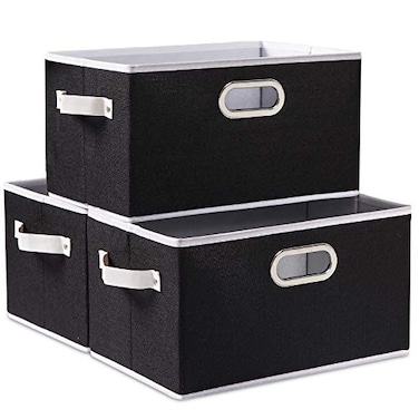 PRANDOM Fodable Storage Bins for Closet 3pack Decorative Fabric Storage Baskets Cubes with LeatherMetal Handles for Shelves Bedroom Living Room Black 115x85x67 Inch