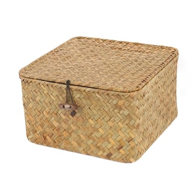 Moosky Wicker Shelf Baskets with Lid Handwoven Seagrass Storage Basket Bins Square Gift Boxes for Shelves Home Decor Organizer Natural Small