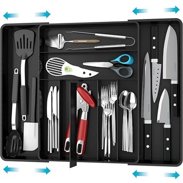 Simple Houseware Expandable Kitchen Drawer Flatware Organizer Black Adjustable Cutlery Tray with 9 Compartments for Utensils and Silverware