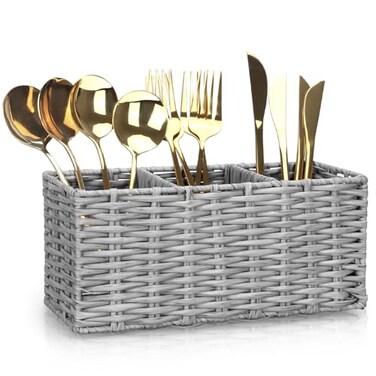 Ayiaren Grey Plastic Cutlery Silverware Holder Small Utensil Organizer Holders for Kitchen Counter Party Flatware Caddy Table Silverware Organizer Basket Spoon Knife Fork Holder Picnic Utensil Caddy