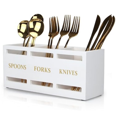 Ayiaren Wood Flatware Silverware Caddy White Cutlery Holder Kitchen Utensils Holder for Party Wooden Silverware Organizer for Countertop Knife Spoon and Fork Holder Table Utensil Caddy Organizer