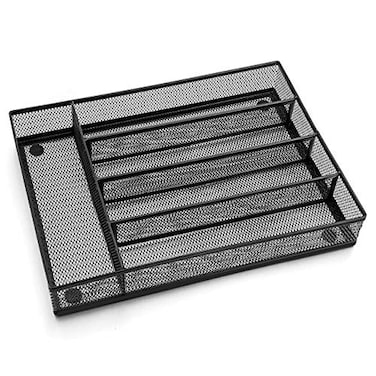 LIANYU Silverware Utensil Drawer Organizer 5 Compartments Steel Mesh Cutlery Flatware Tray with Foam Feet 9 14 W x 12 12 L x 2 H Black