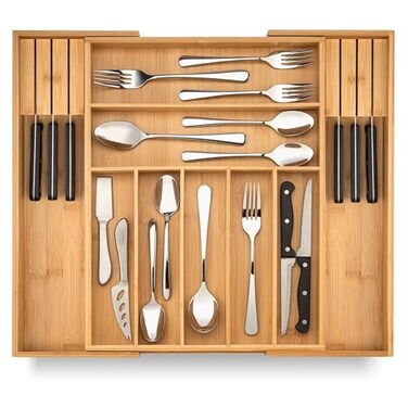 Purawood Bamboo Drawer Organizer with Knife Blocks Silverware Organizer Utensil Drawer Organizer Cutlery Tray with Dividers 79 Slots Premium Kitchen Organizer for Utensils Flatware Natural