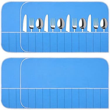 Saintrygo 4 Pieces Silver Storage Bags Anti Tarnish Silver Protector Bags Blue Holder for Silverware Flatware Storage Organizer Cloth Place Setting Roll with White Ribbon for Kitchen Utensils