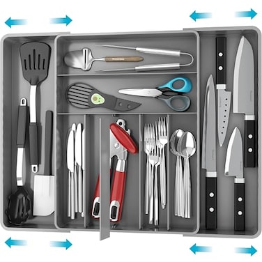 Simple Houseware Expandable Kitchen Drawer Flatware Organizer Gray Adjustable Cutlery Tray with 9 Compartments for Utensils and Silverware