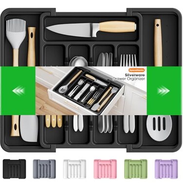 SpaceHacks Silverware OrganizerAdjustable Expandable Utensil Drawer Organizer BPA Free Utensil Holder Cutlery Tray for Forks Spoons Knives in Kitchen Medium Black