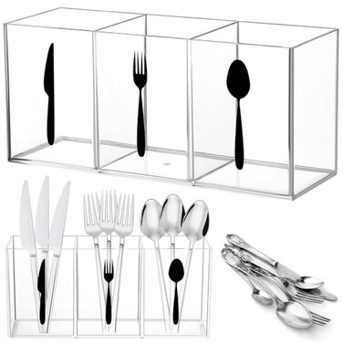 Suzile Acrylic Cutlery Storage Organizer Bin Silverware Caddy Countertop Knife Spoon and Fork Holder Kitchen 3 Section Tableware Storage Box for Cabinet Indoor Home Flatware Dining Room ClearM