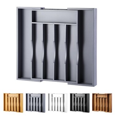 oridom Expandable Bamboo Kitchen Drawer Organizer for Cutlery and Utensils Adjustable Bamboo Wood Cutlery Tray in Drawer for Flatware and Silverware in Kitchen Grey