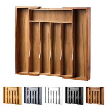 oridom Expandable Acacia Kitchen Drawer Organizer for Cutlery and Utensils Adjustable Acacia Wood Cutlery Tray in Drawer for Flatware and Silverware in Kitchen