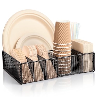 ZZDWLDHA Utensil Caddy for Party Paper Plate Holder Silverware Caddy Utensil Holder Paper plate Organizer with 6 Compartments for Party Camping Picnic