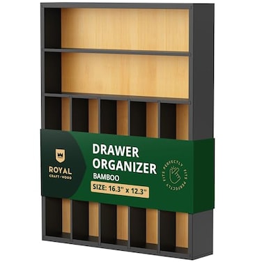 ROYAL CRAFT WOOD Luxury Bamboo Kitchen Drawer Organizer Silverware Organizer Utensil Holder and Cutlery Tray with Grooved Drawer Dividers for Flatware and Kitchen Utensils 7 Slot