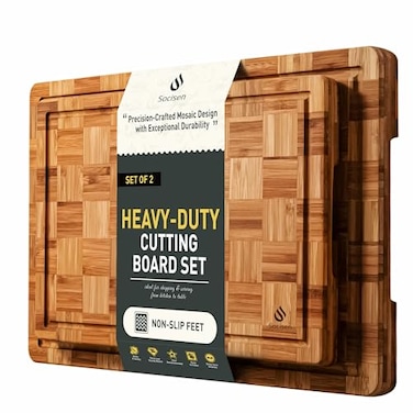 Socisen 2 Pack Heavy Duty Bamboo Cutting Board Set Non Slip Over Sink Solid End Grain Thick Wood Chopping Board Extra Large Big Small Best Wooden Kitchen Essential New Home Housewarming Mother Gift