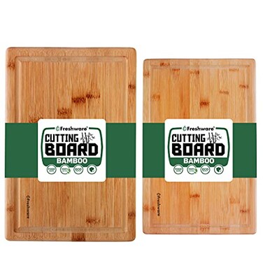 Freshware Bamboo Cutting Boards for Kitchen with Juice Groove Set of 2 Wood Cutting Board for Chopping Meat Vegetables Fruits Cheese Knife Friendly Serving Tray with Handles