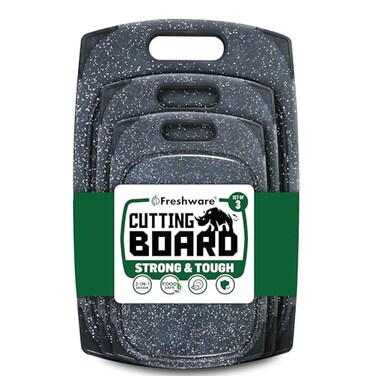 Freshware Plastic Cutting Boards for Kitchen Cutting Board Set of 3 Juice Grooves with Easy Grip Handle BPAFree Dishwasher Safe Black Marble