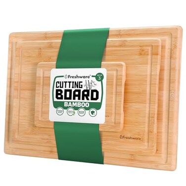 Freshware Wood Cutting Boards for Kitchen Bamboo Cutting Board Set of 3 Cutting Boards with Juice Grooves Serving Board Set Chopping Board for Meat Veggie Easy Grip Handle 9x6 12x8 15x10
