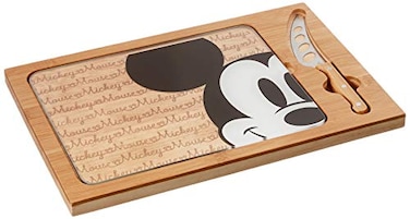PICNIC TIME Disney Mickey Mouse Icon Glass Top Cheese Board and Knife Set Charcuterie Serving Tray Removable Tempered Glass Parawood and Bamboo Design Parawood Bamboo
