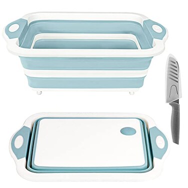 ROTTOGOON Collapsible Cutting Board Foldable Chopping Board with Colander Multifunctional Kitchen Vegetable Washing Basket Silicone Dish Tub for BBQ PrepPicnicCampingLight Blue