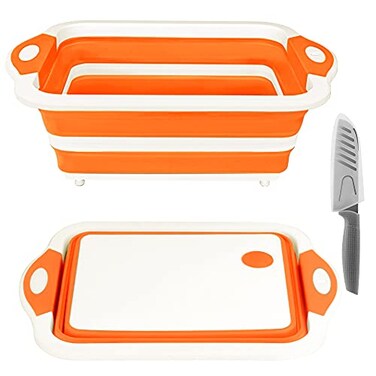 ROTTOGOON Rottogoon Collapsible Cutting Board Foldable Chopping Board with Colander Multifunctional Kitchen Vegetable Washing Basket Silicone Dish Tub for BBQ PrepPicnicCampingOrange