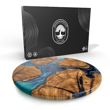 Designium Handmade Olive Wood Round Resin Cheese Charcuterie Board Circular Decorative Epoxy Cutting Board with Unique Blue Resin Artwork Ocean Oasis Design