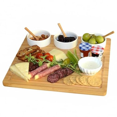 Picnic at Ascot Bamboo Cheese BoardCharcuterie Platter Includes 3 Ceramic Bowls with Bamboo Spoons 13 x 13 Designed and Quality Checked in the USA
