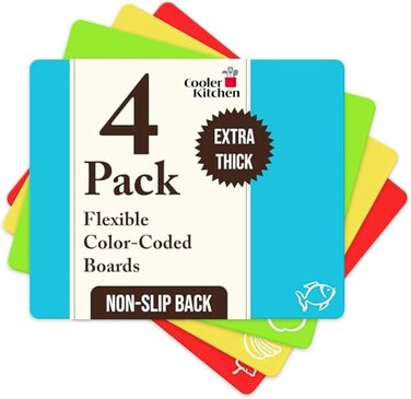 Cooler Kitchen 4 Piece Flexible Plastic Cutting Boards for Kitchen BPA Free Plastic Cutting Mats For Kitchen Extra Thick Chopping Mats Mats Color Coded with Food Icons Non Slip Dishwasher Safe